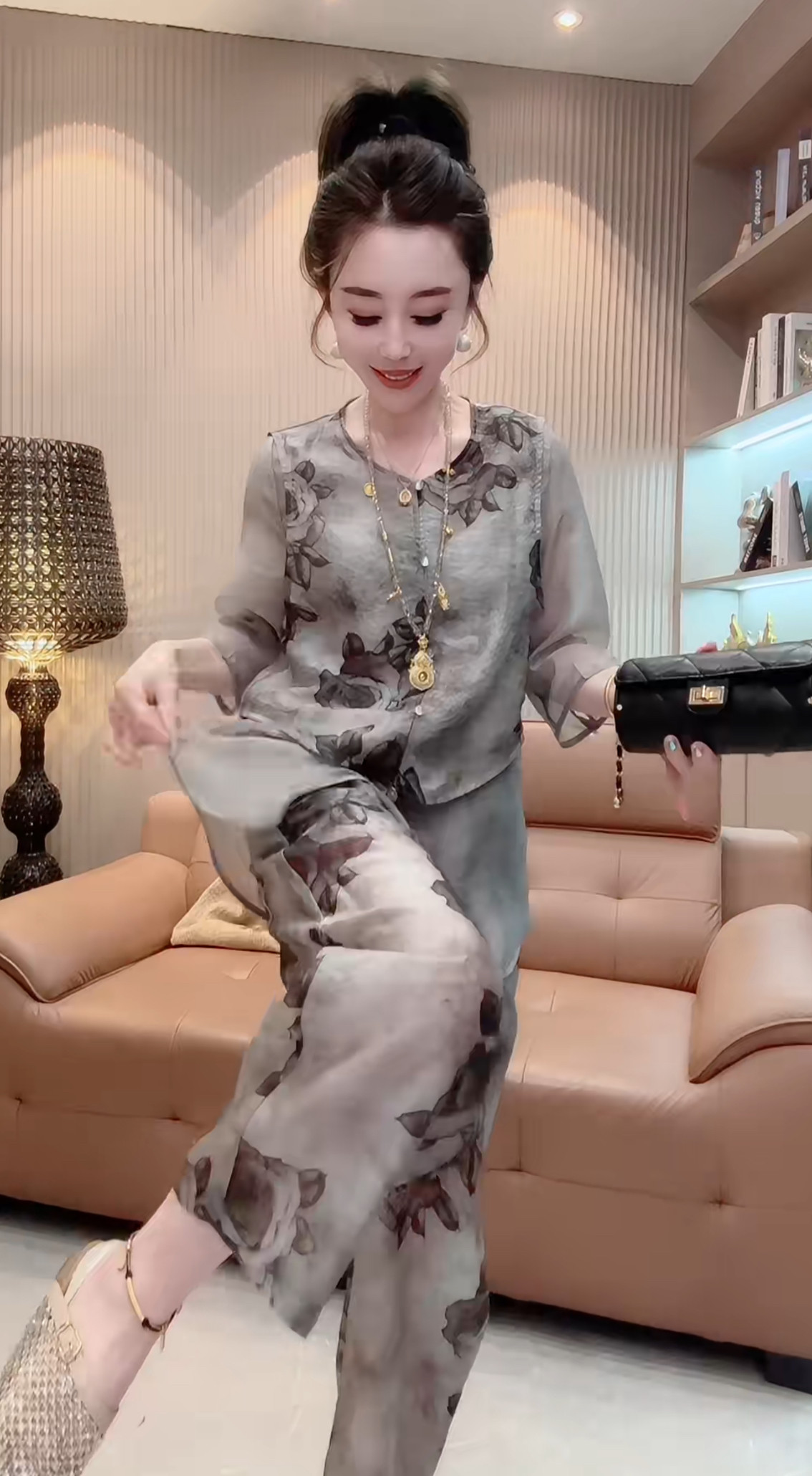新中式国风晕染玫瑰马甲雪纺衬衫假两件上衣九分哈伦裤套装女26夏