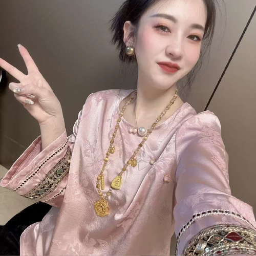 新中式国风醋酸真丝提花刺绣衬衣女2025春复古民族风上衣小褂内搭