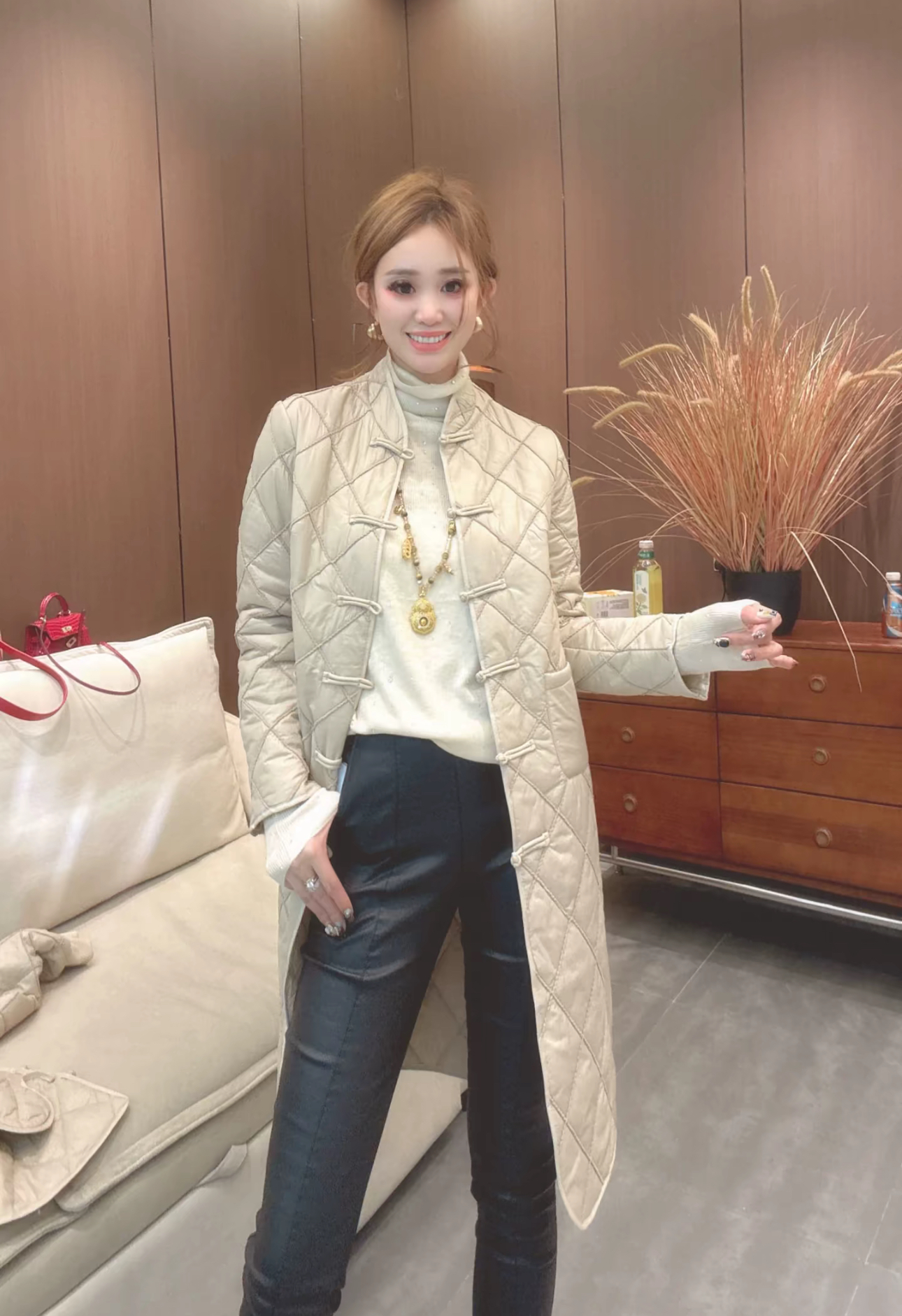 新中式国风菱形格薄棉中长款外套女2025春秋复古棉服棉衣唐装上衣