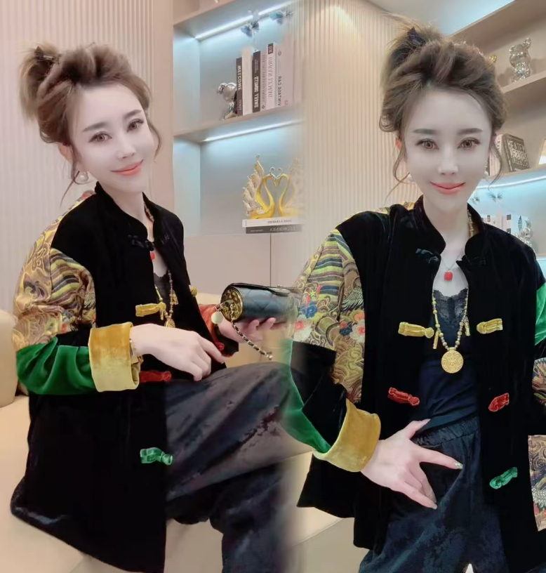 新中式国风盘扣丝绒贡缎提花拼色宽松外套女2025春秋复古唐装上衣