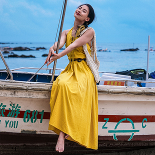 长裙露背裙子2025新款 陌素小姐自制沙滩裙海边度假连衣裙黄色修身
