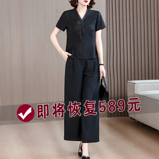 高端香云纱真丝套装女夏季新款中老年妈妈洋气刺绣上衣裤子两件套