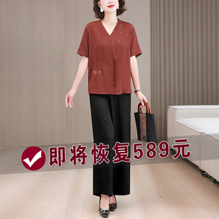 贵夫人两件套夏装新中式洋气真丝上衣国风短袖小衫女妈妈气质套装