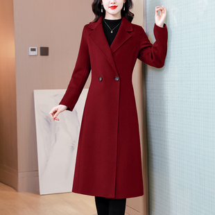 贵夫人高端羊毛呢外套女秋冬新款妈妈中长款红色洋气加厚羊绒大衣