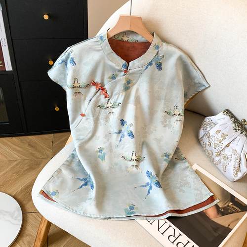 新中式国风盘扣短袖上衣服女装夏季薄款妈妈端庄大气改良旗袍小衫