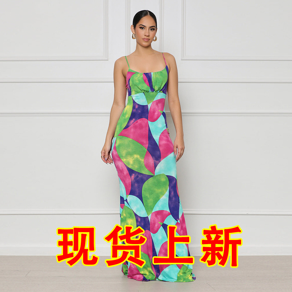 2023 summer printed slim long dress for women beach skirts