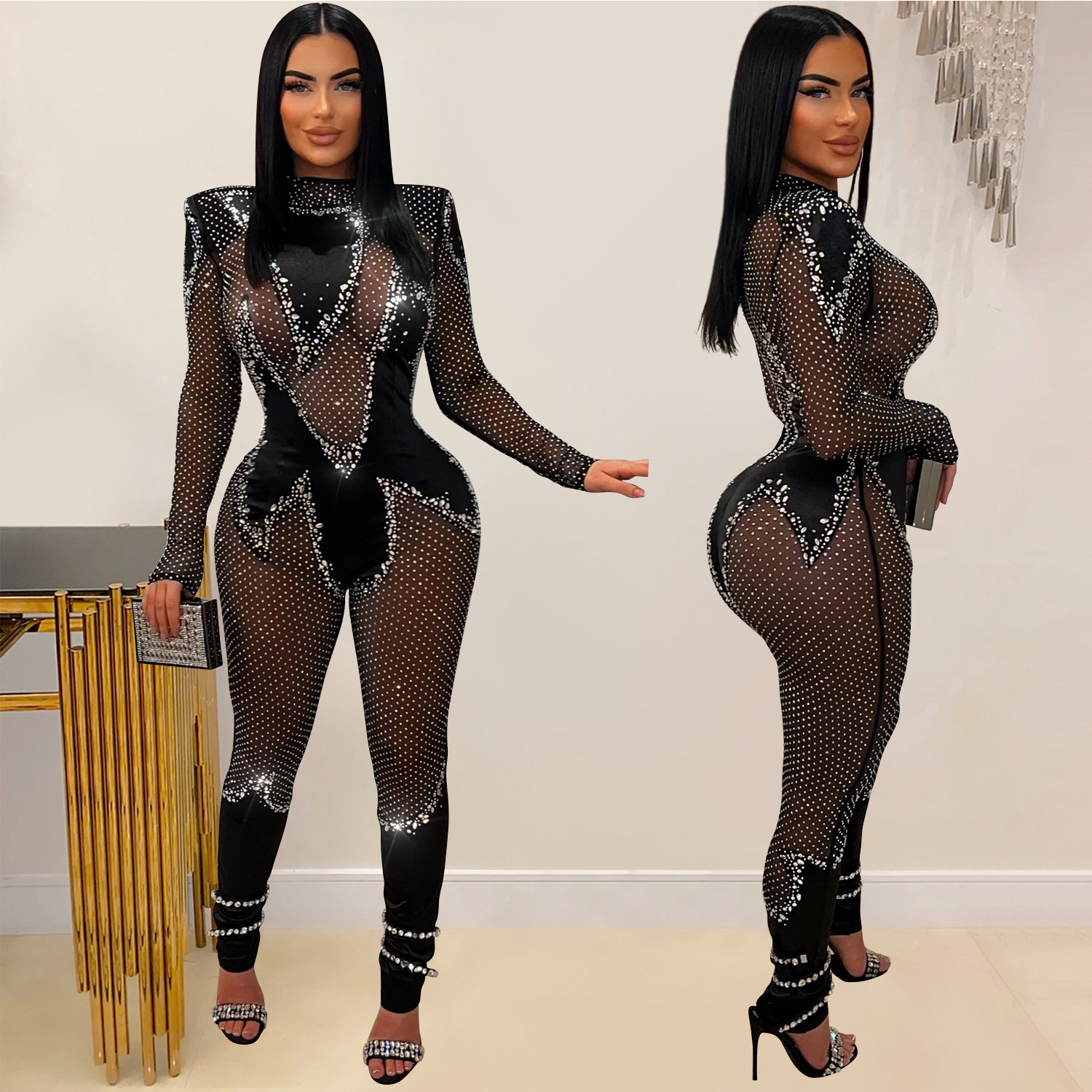 2024 New fashion women's mesh press drill  sexy jumpsuit