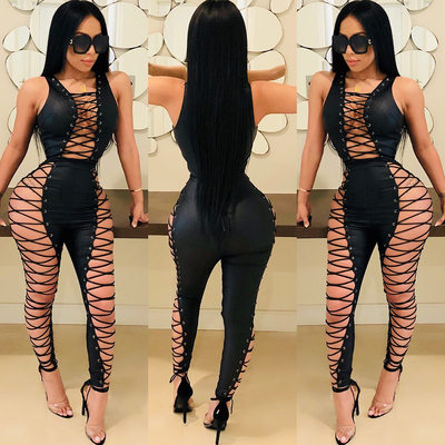 2020 New Women's fashion sexy PU jumpsuits Nightclub Bandage