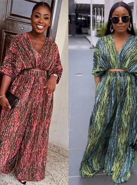2024 new sexy Printed fashion V-neck wide-leg two-piece suit
