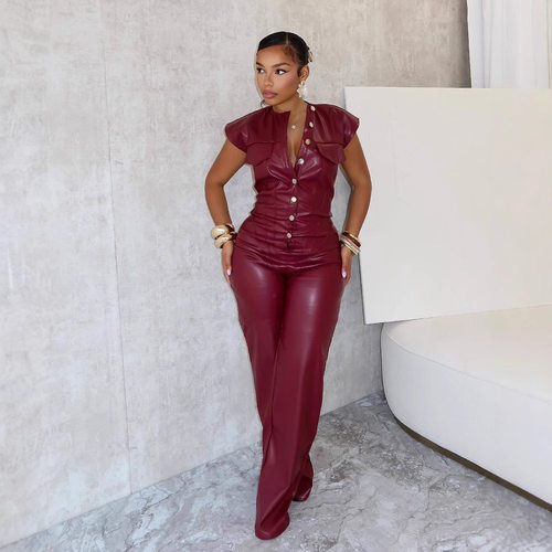 New PU women's fashion sleeveless leather jacket jumpsuit