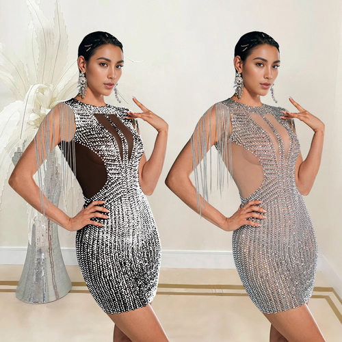 Fashion women fringe hot diamond party sexy dress hip skirt