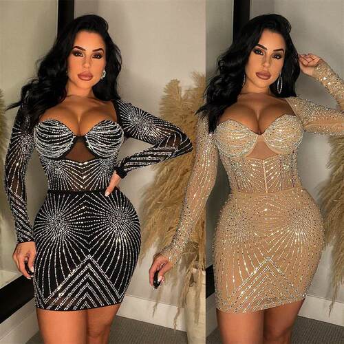 stage bling dress for women studded sequin sexy long skirt