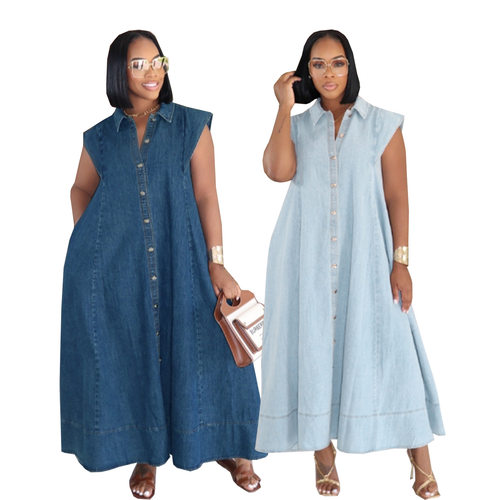 2026 Collar Fashion Women's Denim Skirt dress 大摆排扣牛仔裙