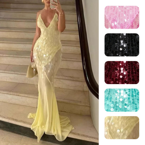 女装 V领性感吊带露背修身珠片鱼尾礼服长裙 Backless sexy dress
