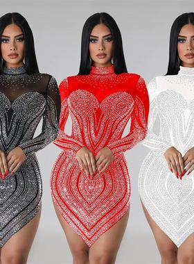 long sleeve mesh bling dress for women formal sequin skirt