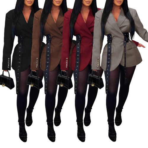 Women's suit jacket with side straps waist closure splicing