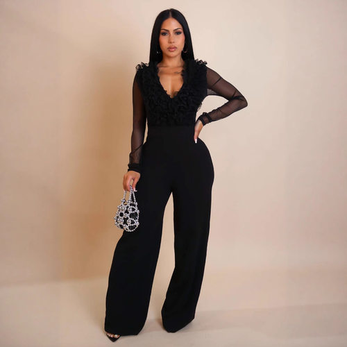 2025 Women long-sleeved jumpsuit with mesh fabric patchwork