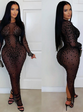 women's sexy perspective mesh rhinestone wrapped hip dress