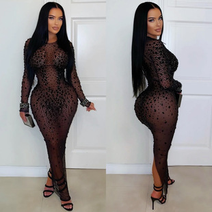 women's sexy perspective mesh rhinestone wrapped hip dress