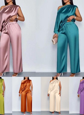 2026 casual women's slanted neck short sleeved top pants set