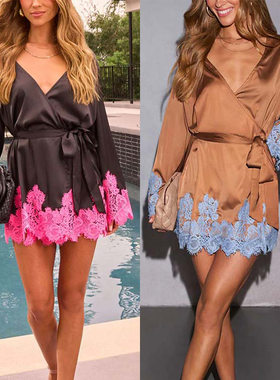 欧美女装系带花边连衣裙Women's fashion sexy solid color dress