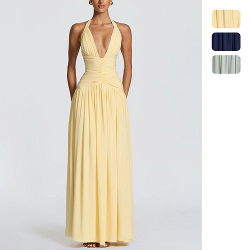 Women deep V-neck lace up sleeveless fashion slim fit dress