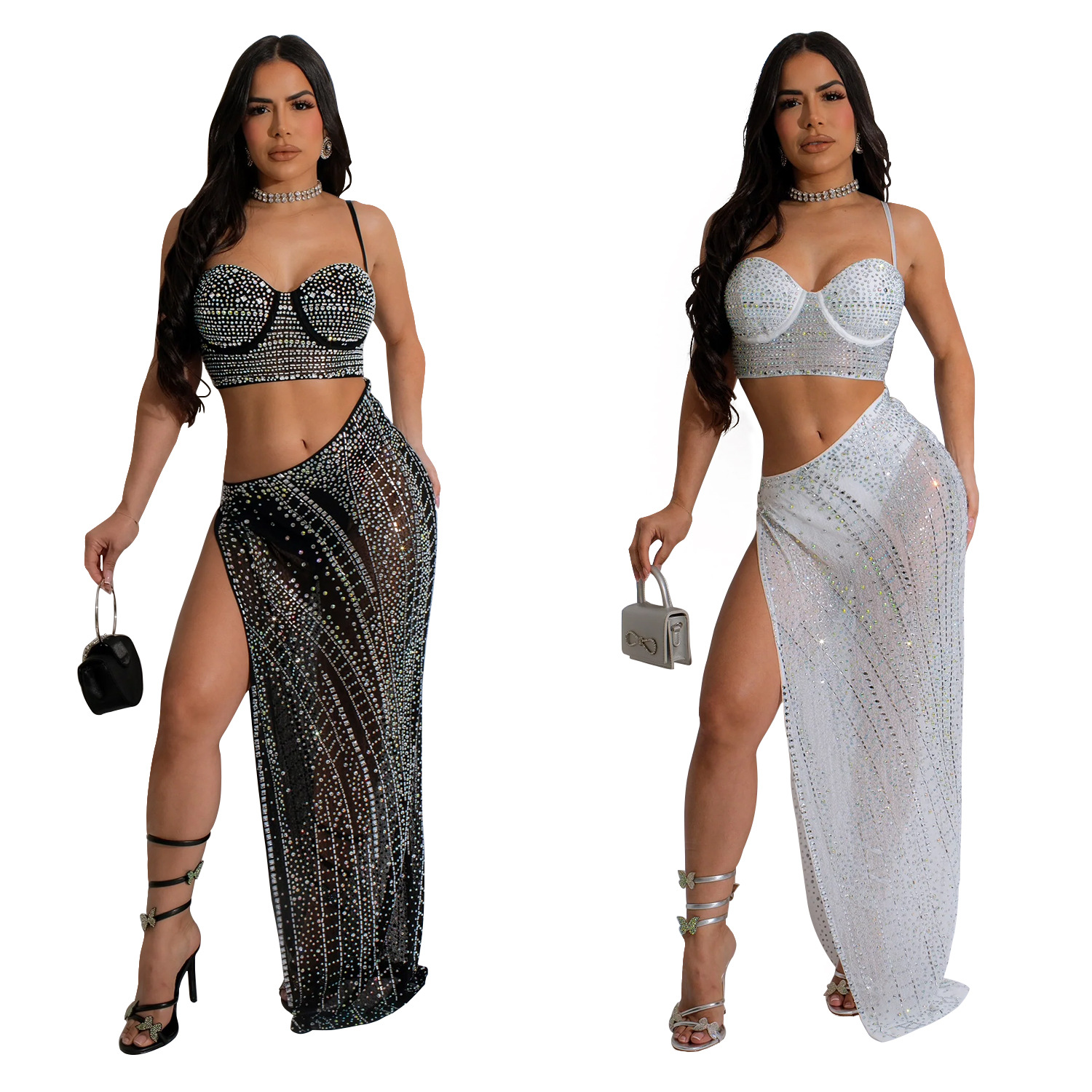 Fashion women fashion hot drill mesh dress sexy 女装烫钻裙