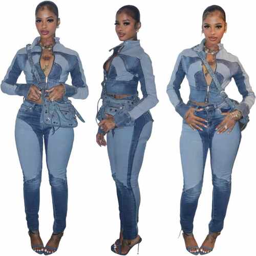 Women's fashion sexy denim casual two-piece set 牛仔休闲套装