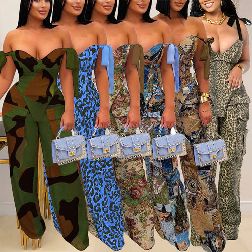 Printed strap drawstring sexy women's two-piece set 印花套装
