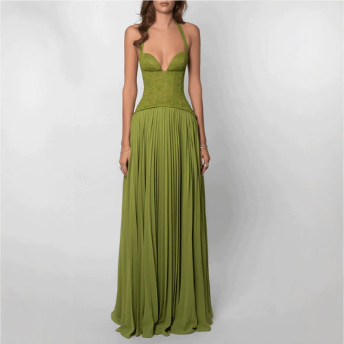 2026 Sexy backless skirt neck hanging pleated dress women
