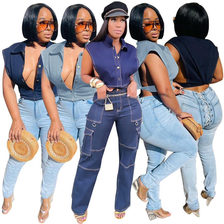 summer sleeveless denim singlet for women design part tops