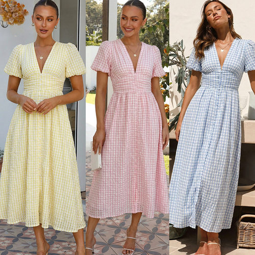2026 Women's Fashion New V-neck Bubble Sleeve Party Dress