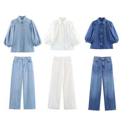 2025 Women fashion denim shirt wide-leg pants two-piece set