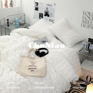 简约纯色方格泡泡被套床上用品四件套床单学生宿舍三件套 超仙ins