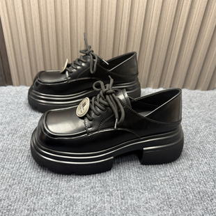 黑色厚底增高交叉绑带小皮鞋 女2025新款 处理英伦风真皮乐福鞋 断码