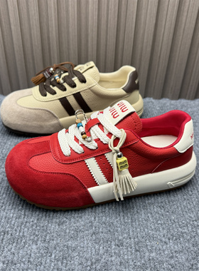 撤柜处理真皮阿甘德迅鞋女2025春秋新款厚底红色休闲时尚运动板鞋