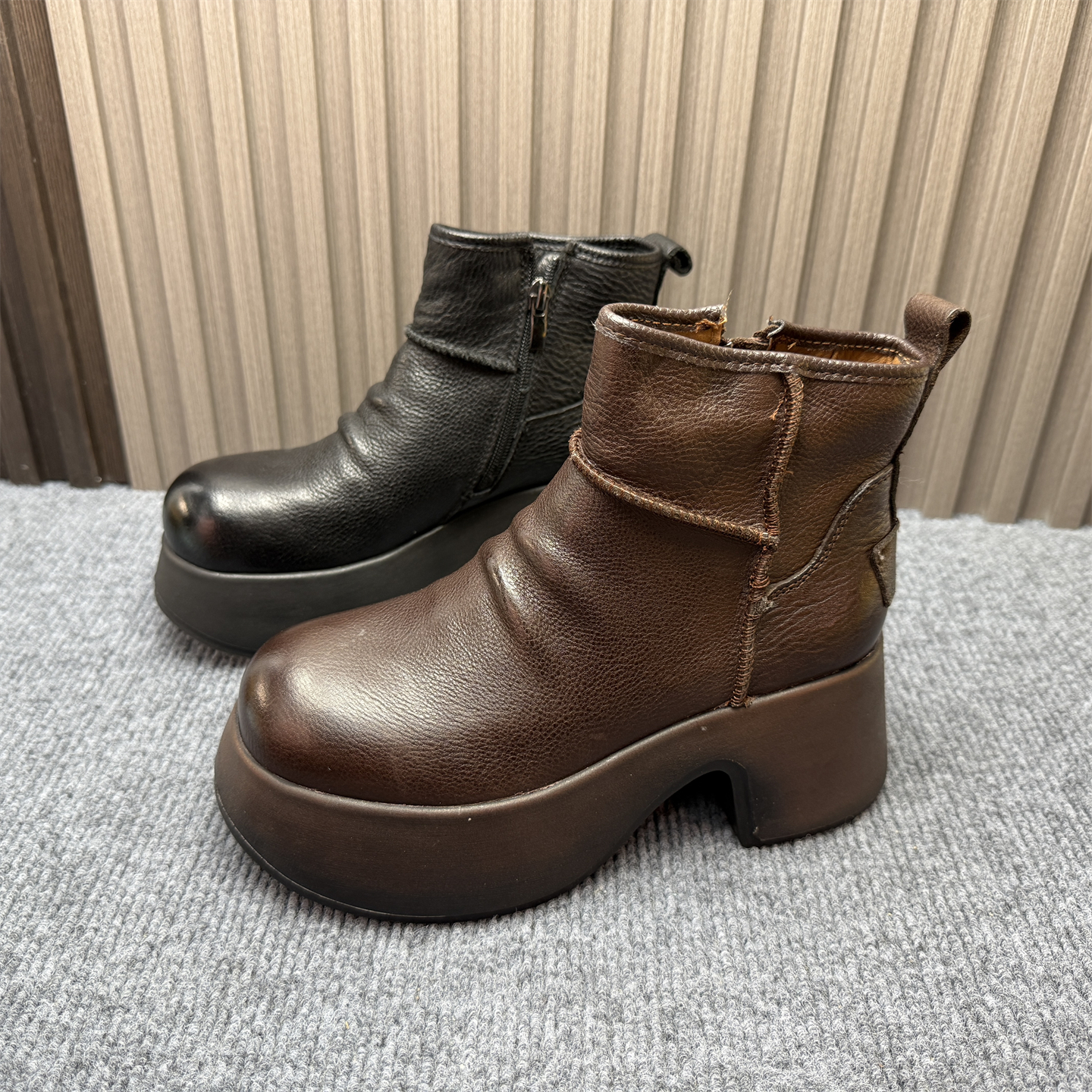 商场撤柜处理头层牛皮高跟时装靴女秋冬新款气质复古英伦风马丁靴