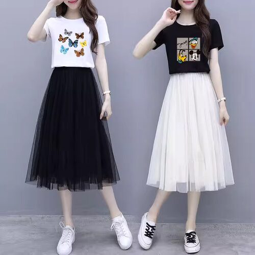 小个子连衣裙套装女夏季2025新款t恤网纱裙两件套上衣半身裙子女
