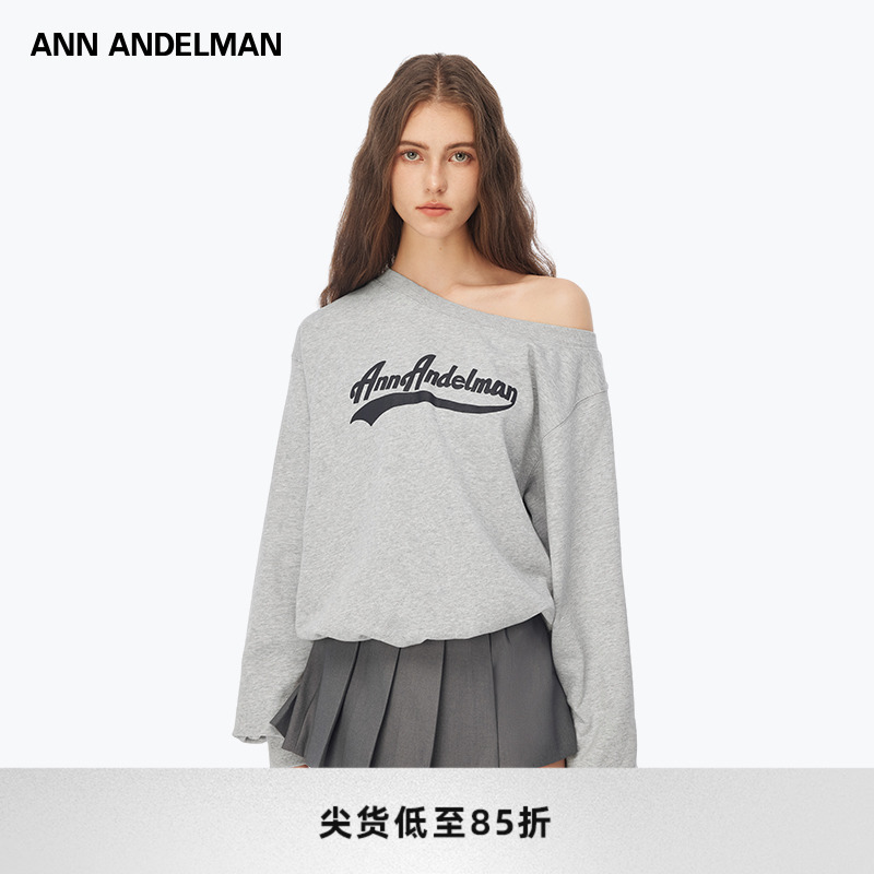 【明星同款】ANN ANDELMAN发泡印花斜领单肩卫衣女套头露肩上衣