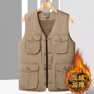 春秋季 坎肩背心中老年爸爸棉休闲爷爷 马甲背心男钓鱼外套多兜工装