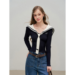 16DEWS 海军领针织衫女小众独特修身显瘦上衣配飘带