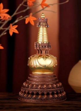 纯黄铜镀金雕花嘎当塔摆件佛塔