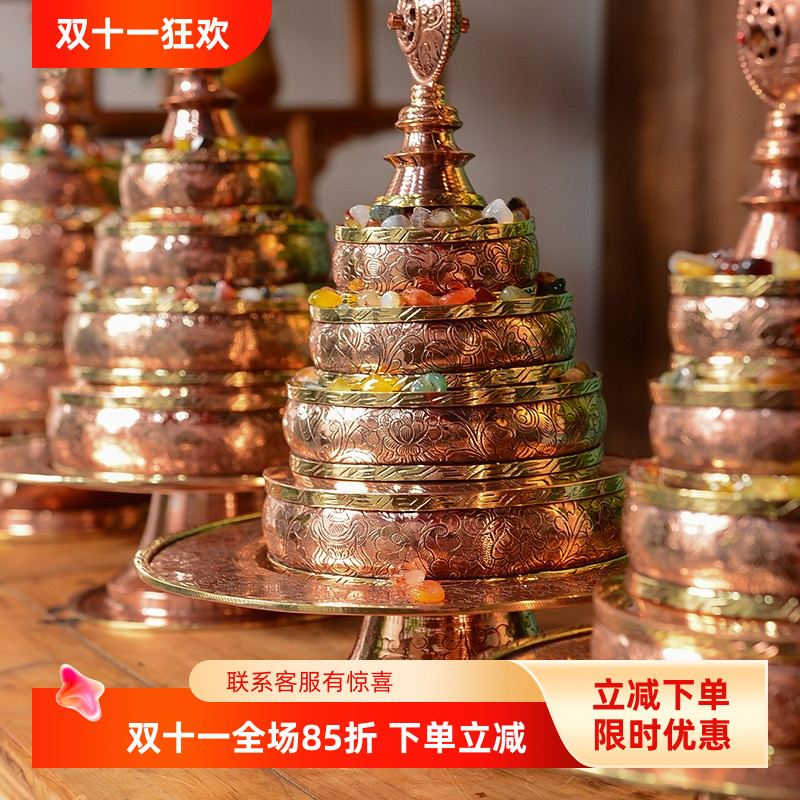 尼泊尔手工雕花红铜佛堂七宝曼扎盘曼达盘曼茶罗盘加厚款大小可选