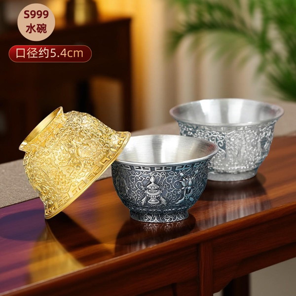 S999纯银浮雕八吉祥银迷你供水杯