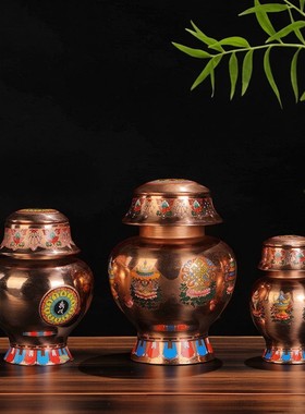 红铜本色宝瓶印花彩绘八吉祥空瓶