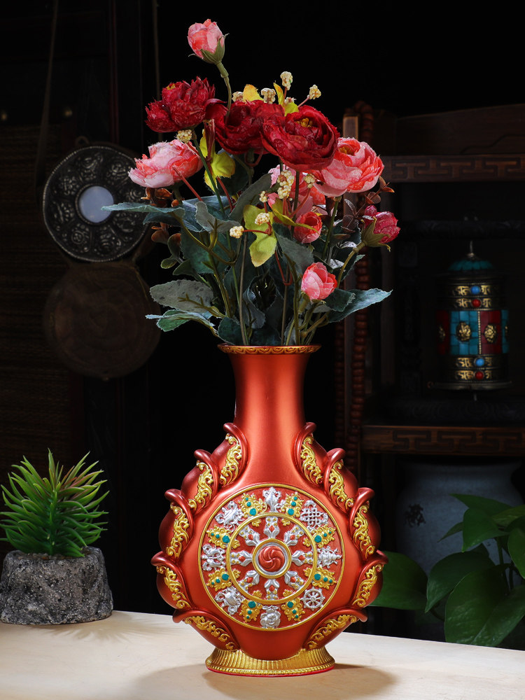 树脂八吉祥花瓶藏式用品客厅桌面摆件民族风佛前净水瓶供奉插花瓶