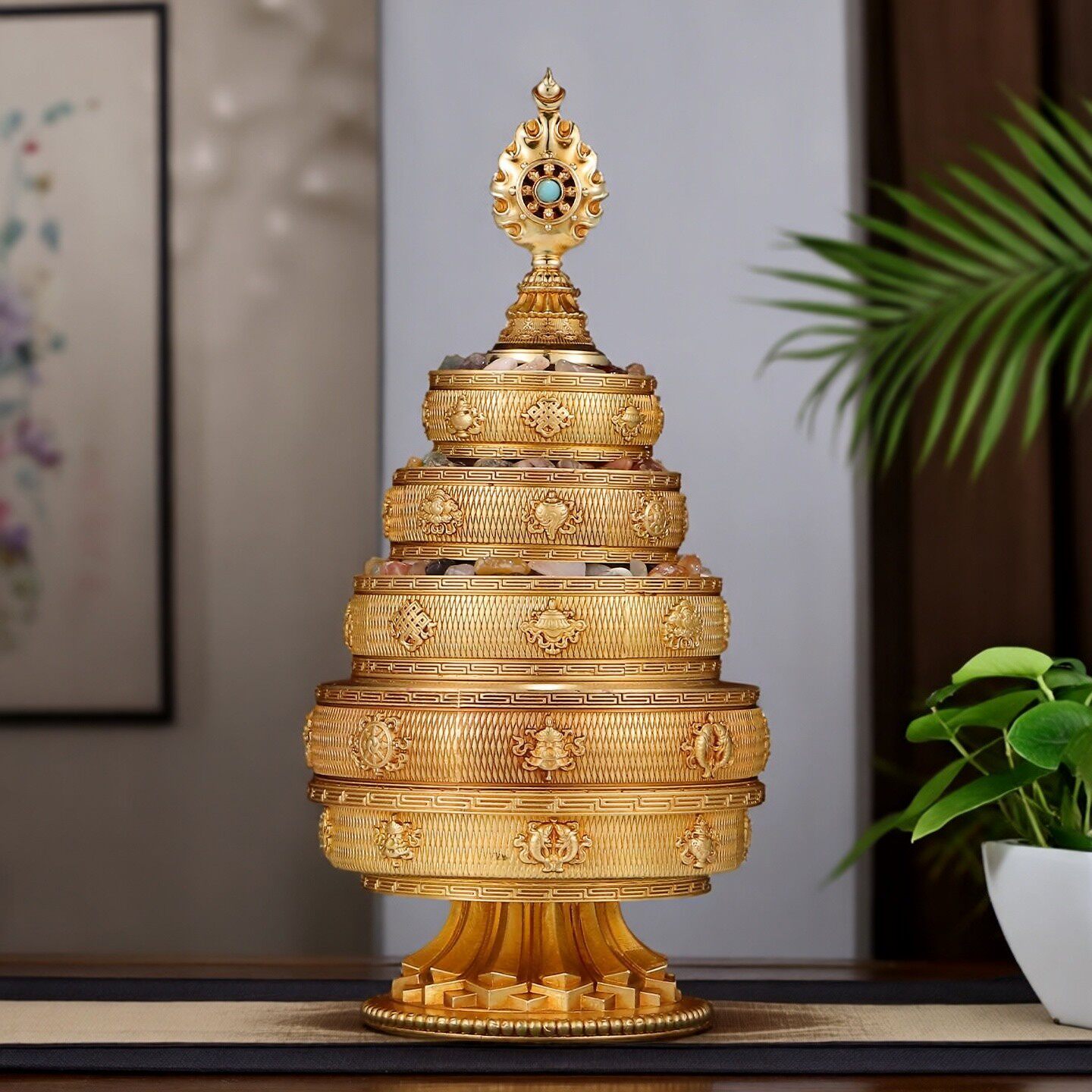 铜曼扎盘八吉祥雕花曼茶盘全套