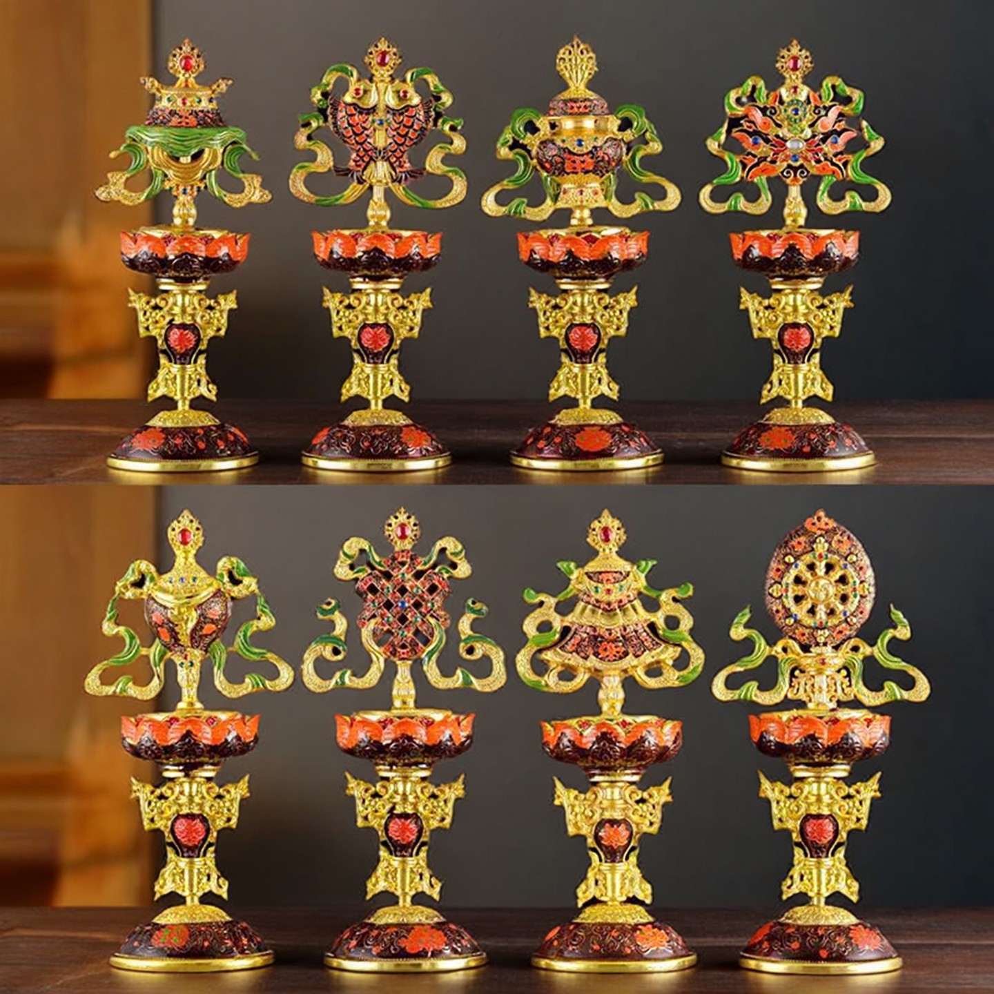 彩绘八吉祥合金吉祥八宝佛堂摆件