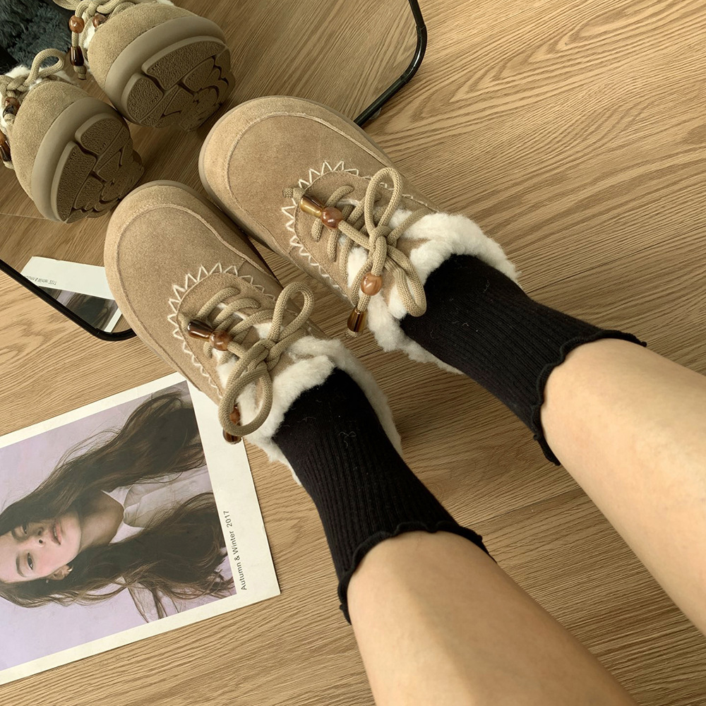 焦点女孩真皮雪地靴女羊毛棉鞋女秋冬新款厚底加绒保暖勃肯鞋牛皮