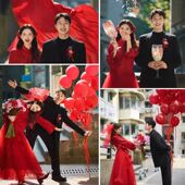 婚纱照外景街拍新中式 中国红秀禾纱裙超大喜字酒杯手捧花红头纱